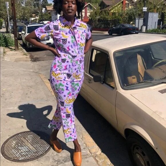 Nooworks Coveralls Short Sleeve Jumpsuit in Hastings Print Womens XXL Lavender - Picture 3 of 13